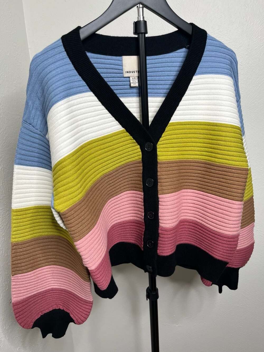 Industry Multicolor Striped Cardigan V-Neck Button Front Retro Preppy Knit Sweat
